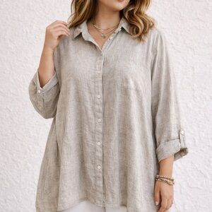 Westbound XL Linen Blend Button Front Blouse | Neutral Relaxed Fit Top